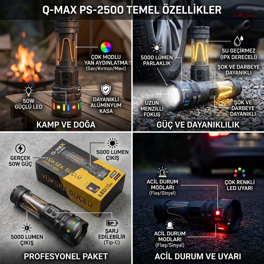 Q-Max PS-2500 50W 5000 Lümen Şarjlı LED Taktik El Feneri
