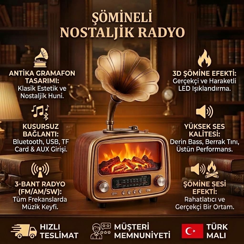 Nostaljik Radyo Şömineli Gramafon