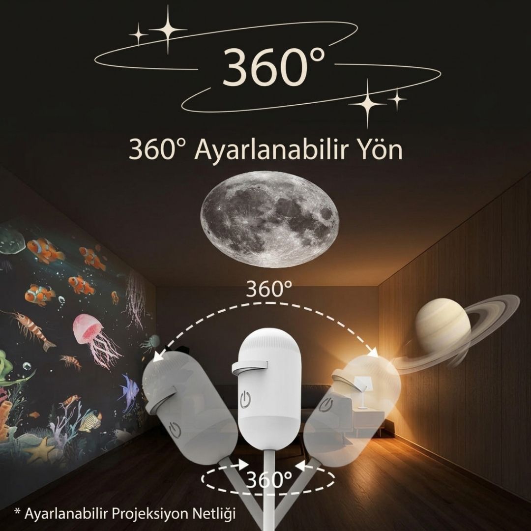 360° Ayarlanabilir USB Galaksi Projektör Gece Lambası - Değiştirilebilir Film Diskli