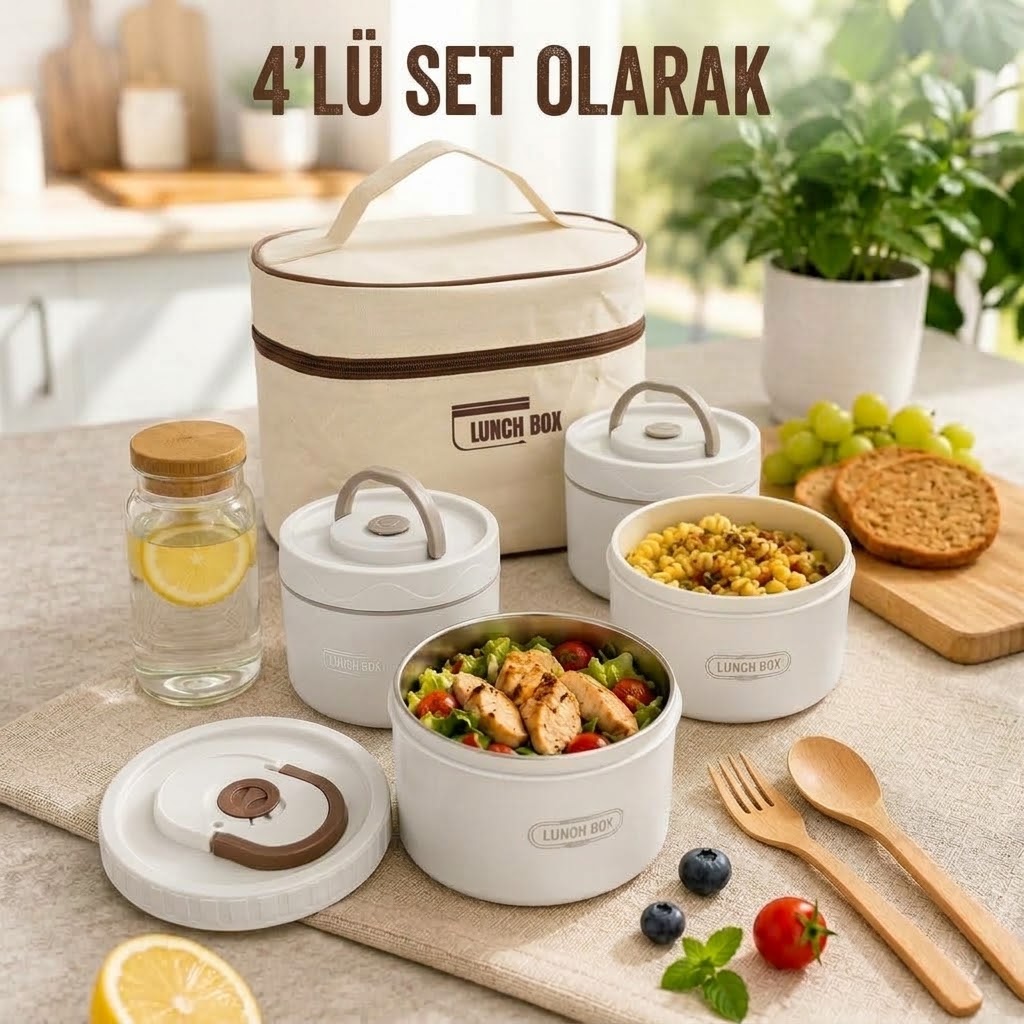 Paslanmaz Çelik Yemek Termosu Isı Yalıtımlı  4 LÜ Set 304 Çelik Kılıflı Çantalı